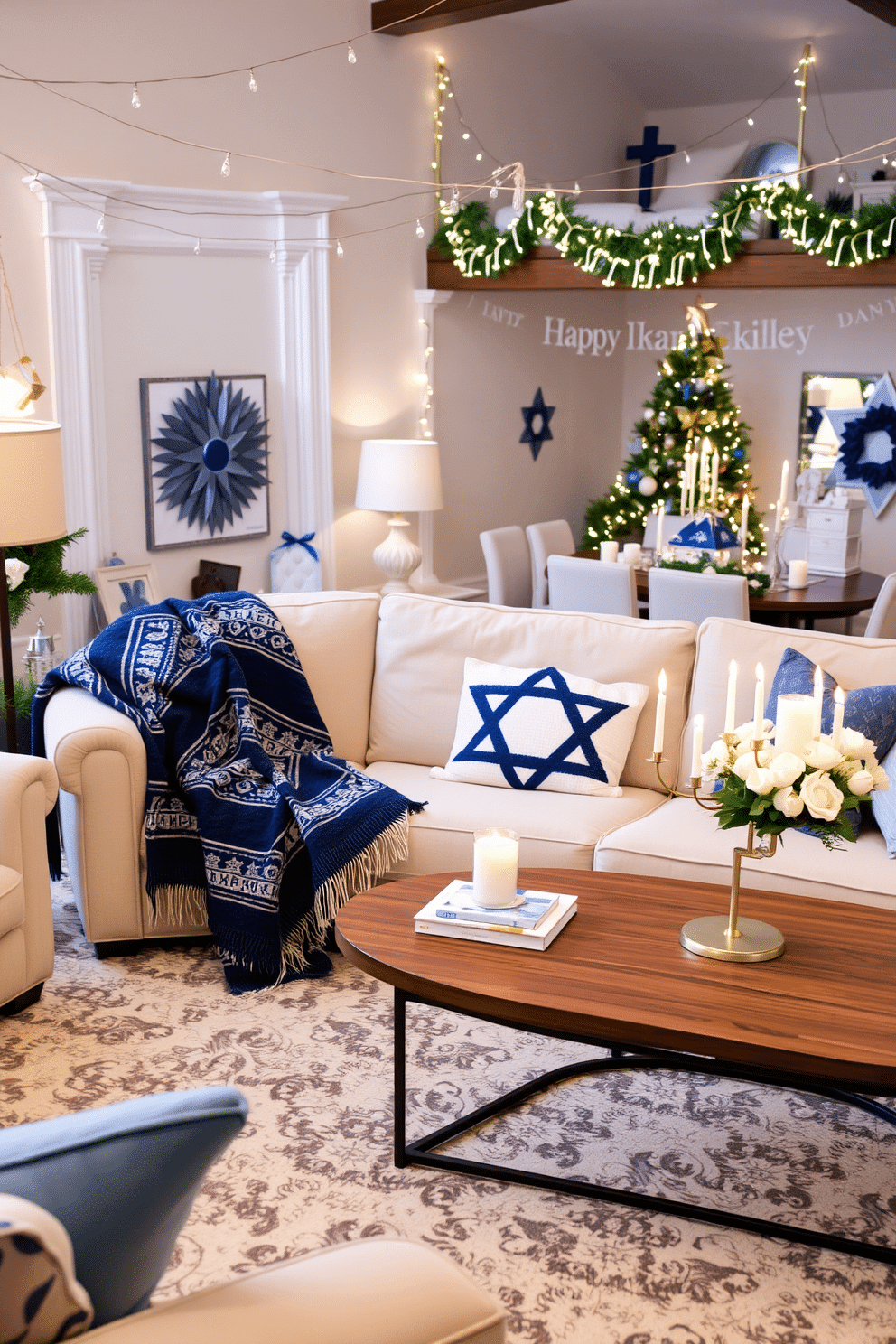 A cozy living room adorned with a Star of David throw blanket draped over a plush, neutral-colored sofa. The blanket features intricate patterns in blue and silver, adding a touch of elegance to the space. Festive Hanukkah decorations fill the loft, with string lights twinkling overhead and a beautifully arranged menorah on the coffee table. Soft blue and white accents throughout the room create a warm and inviting atmosphere for celebrating the holiday.