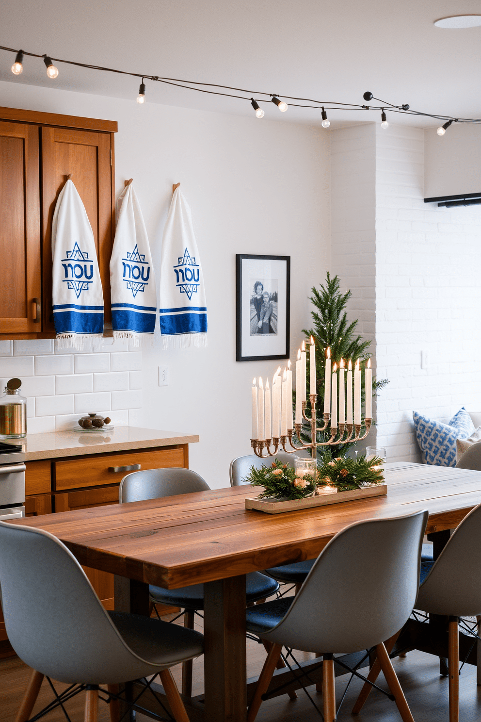 A cozy kitchen adorned with Hanukkah-themed towels, featuring blue and silver designs that reflect the festive spirit. The towels hang neatly from a wooden rack, complementing the warm wood cabinetry and white subway tile backsplash. A stylish loft space decorated for Hanukkah, showcasing a blend of modern and traditional elements. String lights twinkle above, while a beautifully arranged menorah takes center stage on a rustic wooden table surrounded by contemporary chairs.