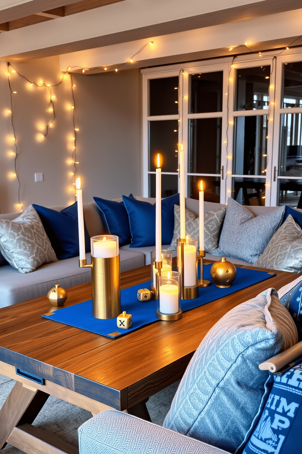 A cozy loft space adorned for Hanukkah, featuring stylish festive candle holders that cast a warm glow throughout the room. The candle holders, crafted from brushed gold and glass, are arranged on a rustic wooden table, surrounded by traditional dreidels and a vibrant blue table runner. The walls are decorated with elegant string lights, enhancing the festive atmosphere. Plush cushions in shades of blue and silver are scattered across a contemporary sectional sofa, inviting guests to relax and celebrate together.