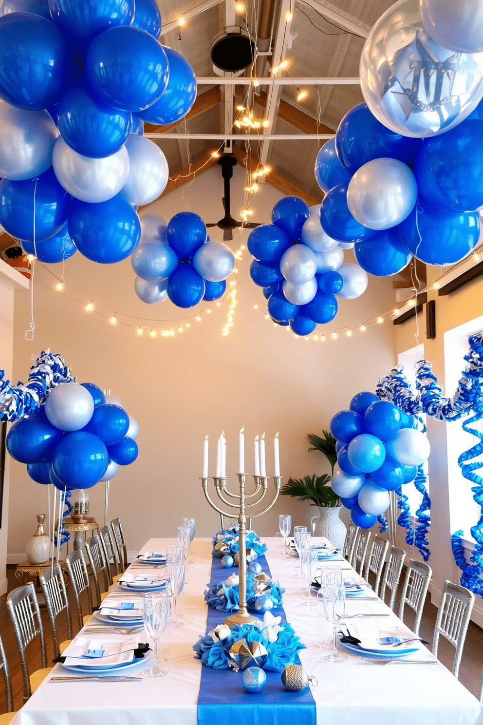 A festive loft space adorned with blue and silver balloons, creating a cheerful atmosphere for Hanukkah celebrations. The balloons are arranged in clusters, floating above a long dining table set with elegant tableware and shimmering silver accents. String lights drape across the ceiling, casting a warm glow over the scene, while a menorah stands proudly at the center of the table. Surrounding the space are decorative elements such as dreidels and blue and silver garlands, enhancing the festive spirit.