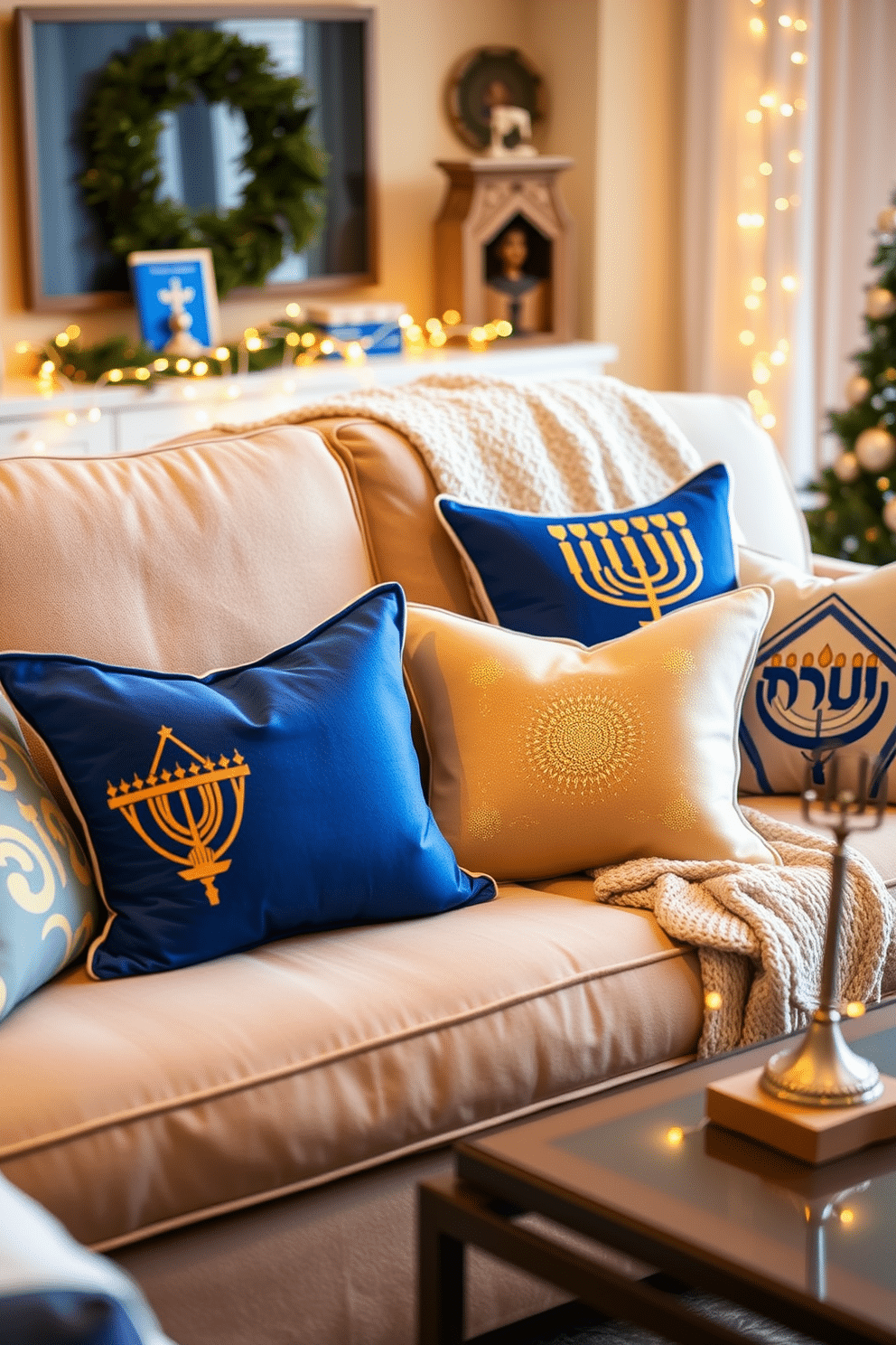 A cozy living room adorned with Hanukkah-themed throw pillows featuring traditional symbols like the menorah and dreidel in vibrant blue and gold hues. The pillows are arranged on a plush, neutral-colored sofa, complemented by a soft, knitted throw draped over the armrest. The space is enhanced with subtle Hanukkah decorations, including string lights and a decorative menorah on the coffee table. A backdrop of warm, ambient lighting creates a welcoming atmosphere, inviting family and friends to gather and celebrate the holiday.