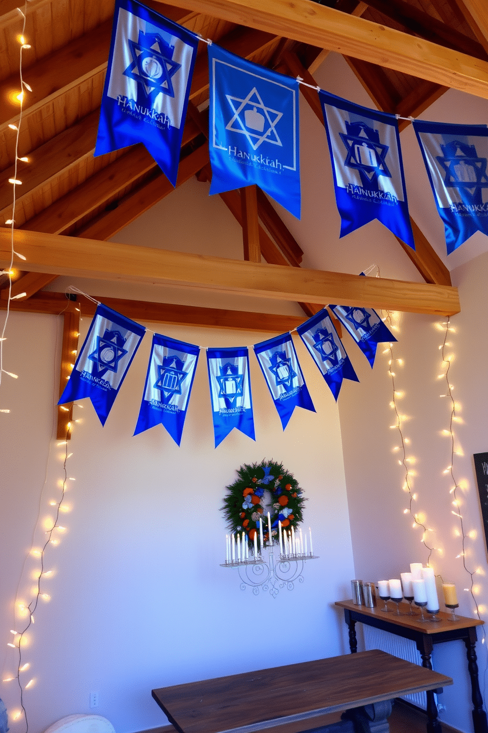 A cozy loft space adorned with Hanukkah-themed banners hanging from the exposed beams. The banners feature vibrant blue and silver colors, incorporating symbols like menorahs and dreidels, creating a festive atmosphere. In one corner, a beautifully decorated menorah sits on a rustic wooden table, surrounded by elegant candles. The walls are adorned with twinkling fairy lights, casting a warm glow that complements the festive decor.