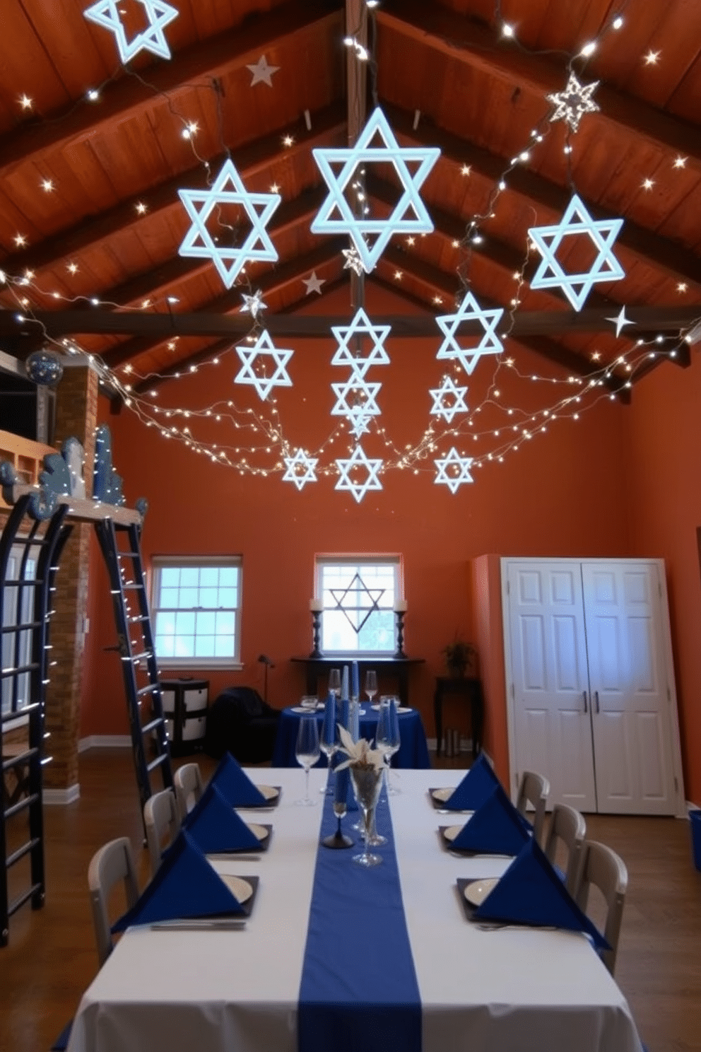 A cozy loft space adorned for Hanukkah, featuring string lights shaped like Stars of David draped across the ceiling beams. The walls are painted in a warm, inviting hue, and a beautifully set table with blue and silver accents is positioned in the center, ready for celebration.