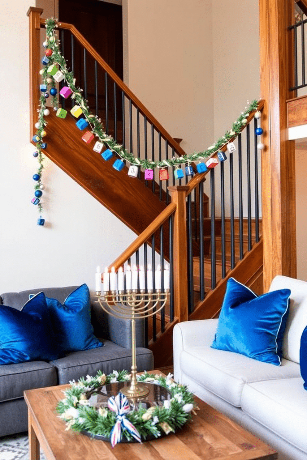 A festive dreidel garland drapes elegantly along the wooden stair railing, its vibrant colors adding a playful touch to the space. Soft white lights twinkle above, enhancing the warm ambiance of the loft during Hanukkah celebrations. The loft is adorned with traditional Hanukkah decorations, featuring a beautifully arranged menorah on the coffee table. Cozy throw pillows in blue and silver hues complement the decor, inviting guests to relax and enjoy the holiday spirit.