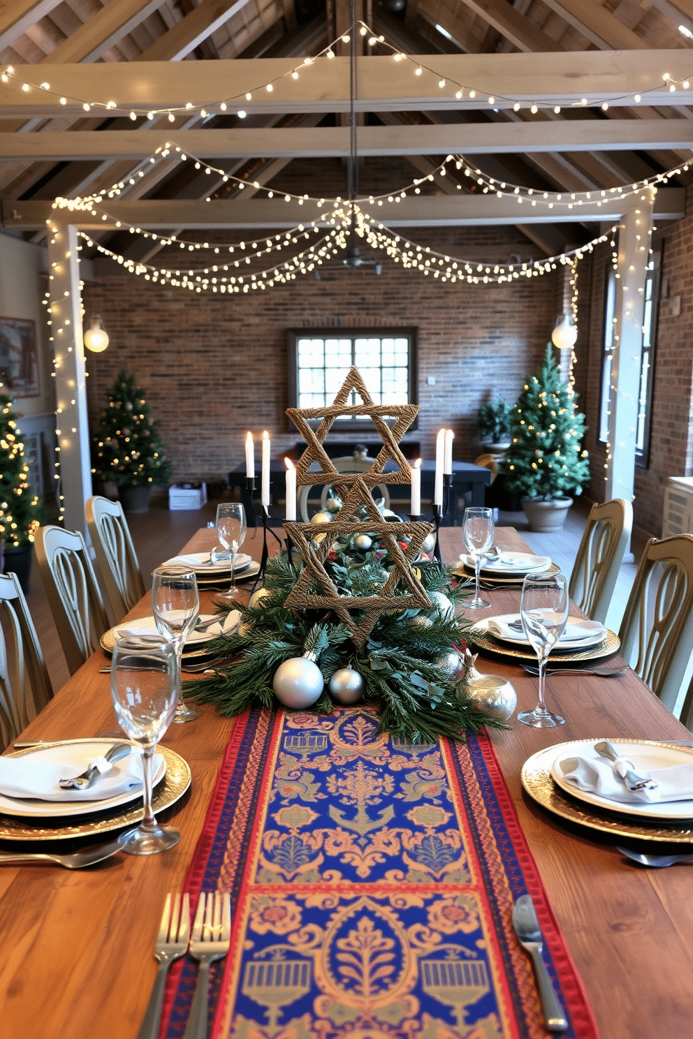 A festive dining table adorned with a vibrant table runner featuring traditional Hanukkah symbols, such as menorahs and dreidels, woven in rich blues and golds. Surrounding the table, elegant dinnerware complements the festive theme, with sparkling silver accents and candles flickering softly in the background. The loft space is decorated with twinkling string lights draped across exposed beams, creating a warm and inviting atmosphere. A large Star of David centerpiece made from natural materials sits proudly on the table, surrounded by seasonal greenery and decorative ornaments.