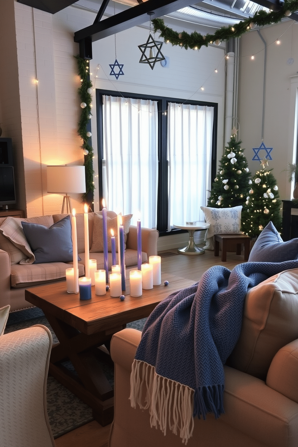 A cozy loft setting adorned for Hanukkah. The space features a collection of blue and white candles arranged on a rustic wooden table, casting a warm glow throughout the room. Soft, textured fabrics in shades of blue and white drape over the furniture, creating a welcoming atmosphere. Festive decorations, including Star of David ornaments and twinkling string lights, enhance the holiday spirit in this stylish loft space.