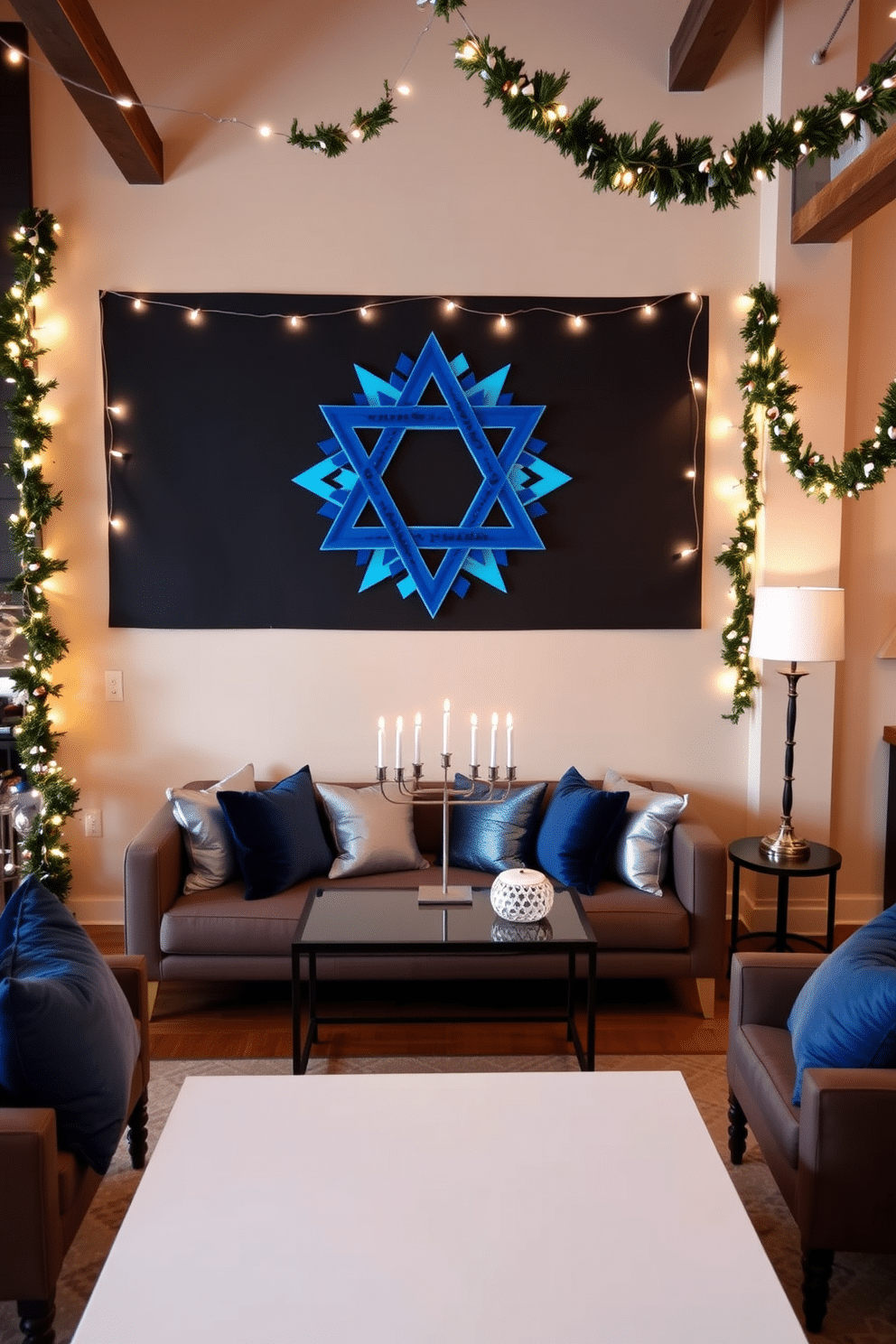 A vibrant Hanukkah-themed wall art display featuring a large Star of David made from colorful paper cutouts, surrounded by string lights that twinkle in the evening. Below the artwork, a cozy seating area is adorned with plush cushions in blue and silver tones, inviting guests to gather and celebrate. In a stylish loft setting, the space is decorated with a mix of modern and traditional Hanukkah elements, including a sleek menorah on the coffee table and festive garlands draped across exposed beams. The walls are painted in a warm neutral tone, allowing the rich colors of the decorations to stand out beautifully.