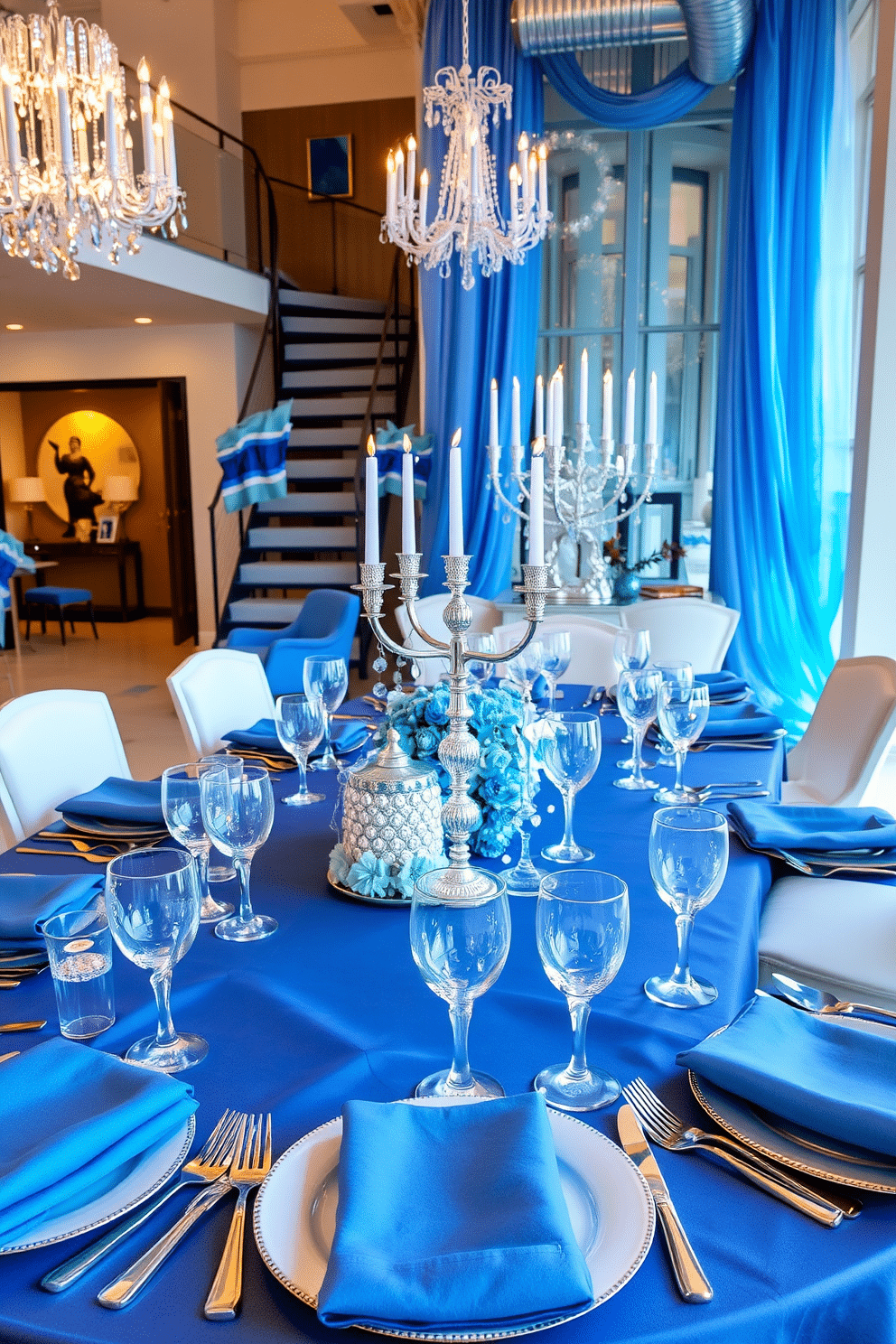 A stunning table setting featuring silver and blue elements. The table is adorned with elegant blue tablecloths, complemented by silver cutlery and shimmering glassware. A chic loft decorated for Hanukkah, showcasing a blend of modern and traditional elements. The space features a large menorah as the centerpiece, surrounded by blue and silver decorations that enhance the festive atmosphere.