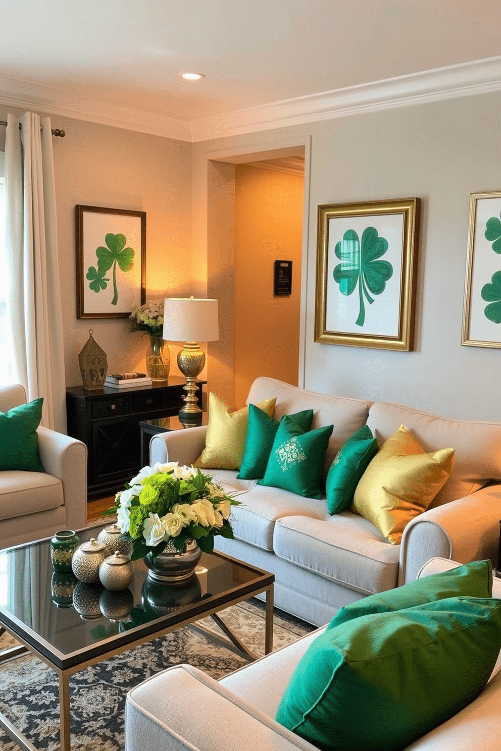 A cozy living room featuring a plush sofa adorned with green and gold accent pillows that add a touch of elegance. The space is illuminated by soft, warm lighting, creating an inviting atmosphere perfect for St. Patrick's Day celebrations. Incorporate festive decorations such as shamrock-themed artwork on the walls and a centerpiece of fresh flowers in shades of green and white. A stylish coffee table is adorned with gold accents and a few decorative items that reflect the holiday spirit.