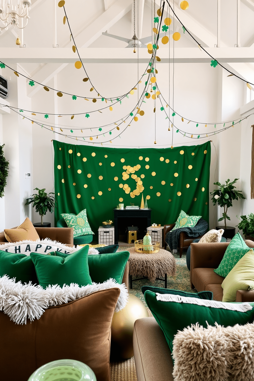 A festive loft setting for St. Patrick's Day, featuring a vibrant green backdrop adorned with gold coin scatter decorations. The space includes a mix of cozy seating arrangements, with plush cushions and throws, creating an inviting atmosphere for celebration.