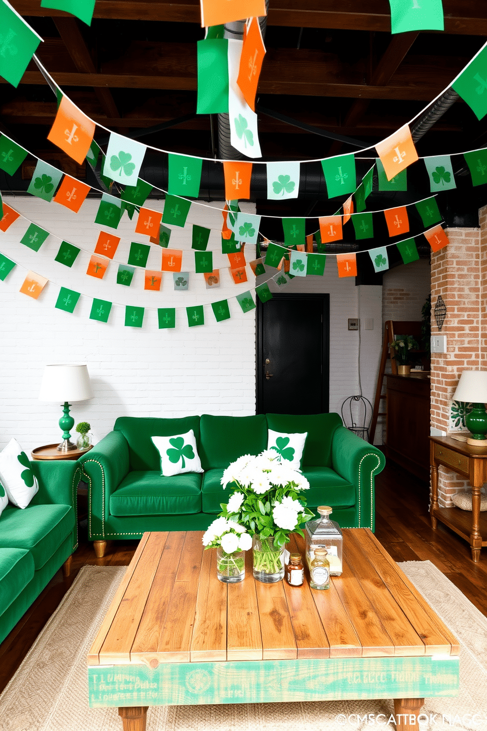 A vibrant loft space adorned with Irish flag bunting, creating a festive atmosphere for St. Patrick's Day celebrations. The bunting is strung across the ceiling beams, complemented by green, white, and orange accents throughout the room. In one corner, a cozy seating area features a plush green sofa, accented with shamrock-patterned throw pillows. A coffee table made of reclaimed wood holds a centerpiece of fresh white flowers and small decorative items celebrating Irish heritage.