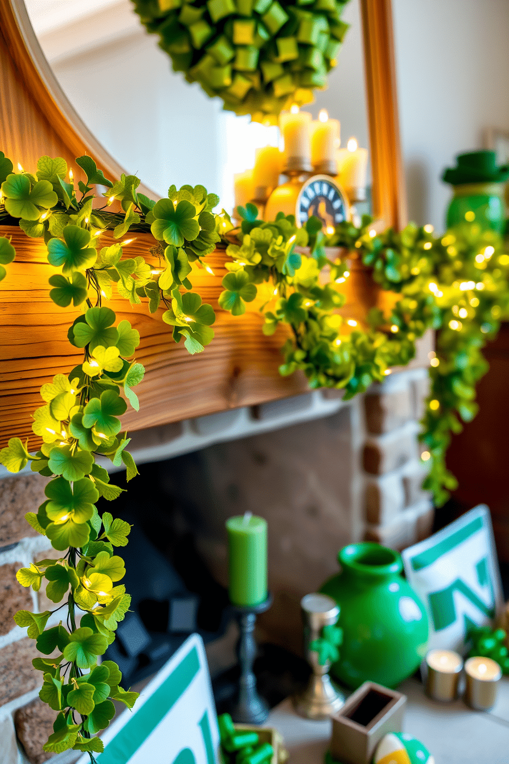 A whimsical St. Patrick's Day setting featuring a lush lucky clover garland draped elegantly across a rustic wooden mantel. The garland is adorned with twinkling fairy lights, creating a warm and inviting atmosphere for festive gatherings. In the background, a collection of green and gold decorative accents, such as shamrock-shaped candles and a vibrant green vase, adds a playful touch to the decor. The space is illuminated by soft, ambient lighting that enhances the cheerful spirit of the holiday.