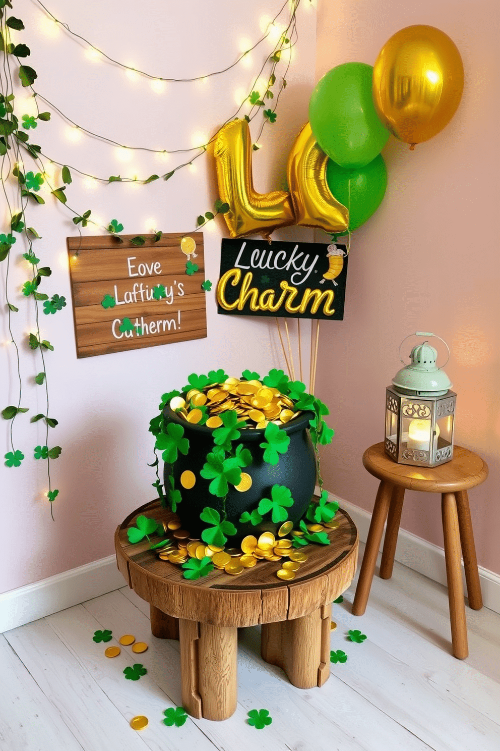 A cozy DIY pot of gold decor sits on a rustic wooden table, filled with golden coins and surrounded by lush green shamrocks. The backdrop features a soft, pastel-colored wall adorned with festive St. Patrick's Day garlands and twinkling fairy lights. In the corner, a whimsical arrangement of gold and green balloons creates a cheerful atmosphere, while a handmade sign reading 