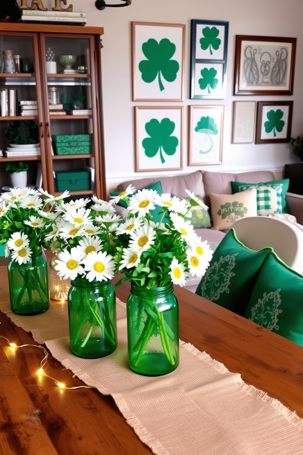 A charming dining table adorned with green mason jar centerpieces filled with fresh white daisies and vibrant green foliage. The jars are placed on a rustic burlap runner, surrounded by delicate gold accents and twinkling fairy lights for a festive St. Patrick's Day ambiance. A cozy living room featuring a mix of vintage and modern decor, with green-themed cushions and throws scattered across a plush sofa. Hanging on the walls are framed prints of shamrocks and Celtic designs, creating a warm and inviting atmosphere perfect for celebrating the holiday.