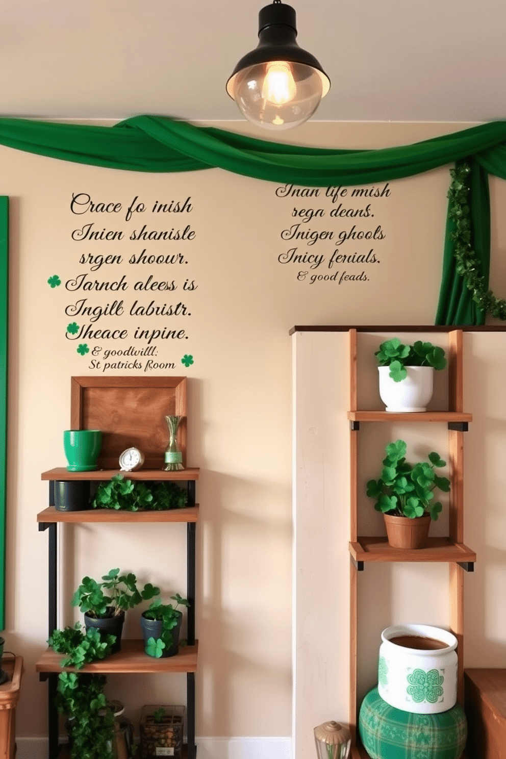 A cozy loft decorated for St. Patrick's Day features charming Irish blessing wall decals that inspire warmth and goodwill. The walls are adorned with vibrant green accents, complemented by rustic wooden shelves displaying festive decor and potted shamrocks.