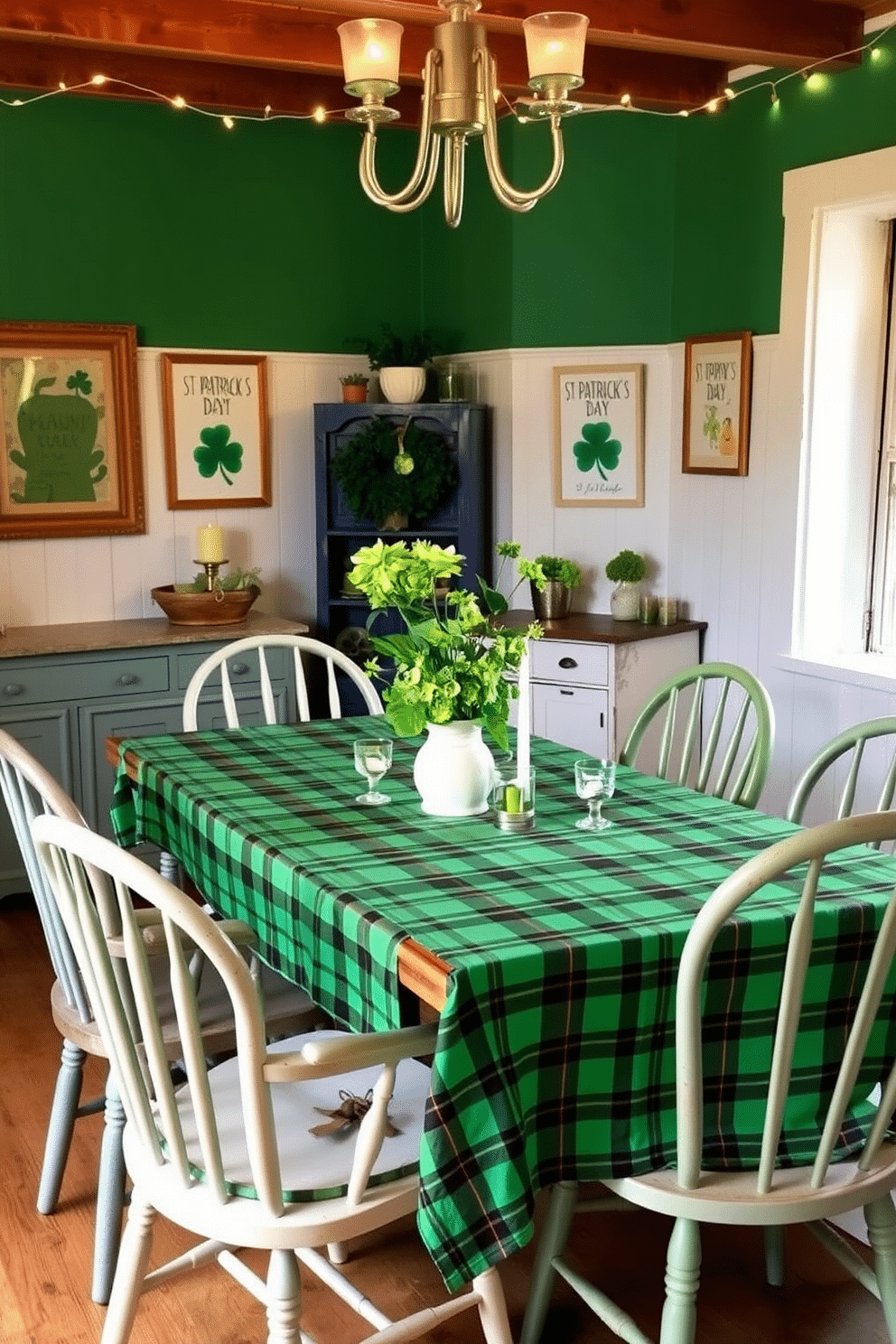 A cozy dining area adorned with a plaid green tablecloth drapes elegantly over a rustic wooden table. Surrounding the table are mismatched vintage chairs, each adding a unique charm to the festive St. Patrick's Day decor. On the table, a centerpiece of fresh green flowers is nestled in a simple white vase, complemented by small candles in glass holders. The walls are decorated with playful St. Patrick's Day-themed artwork, and twinkling fairy lights hang above, creating a warm and inviting atmosphere.