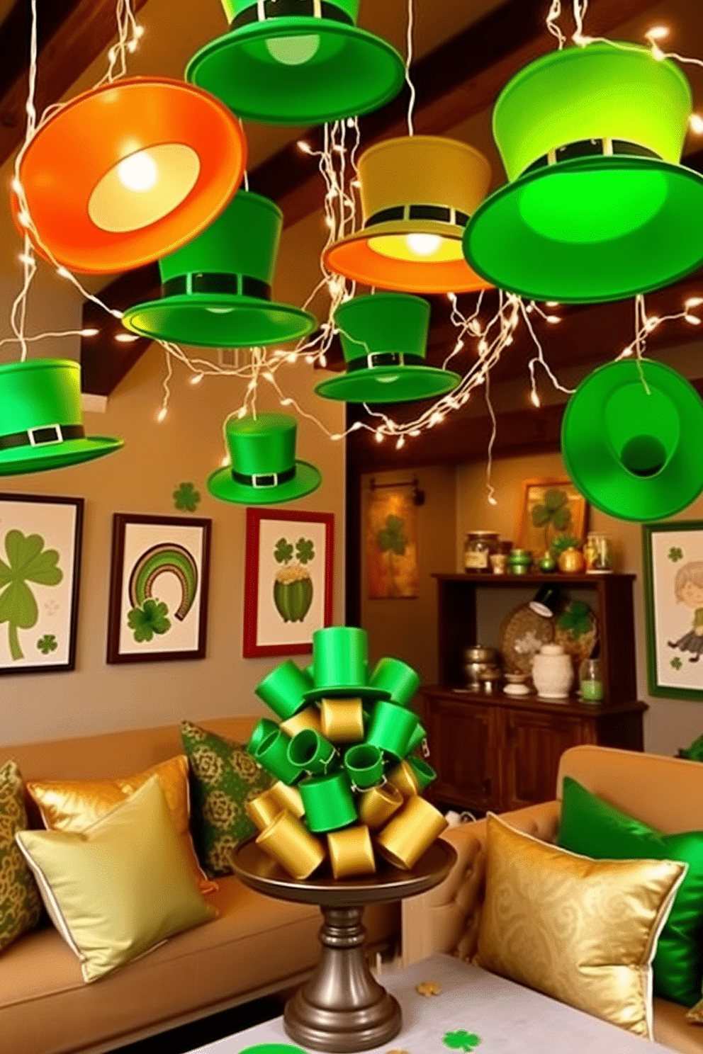 A whimsical St. Patrick's Day loft decorated with vibrant leprechaun hat decorations. The space features oversized green leprechaun hats hanging from the ceiling, surrounded by twinkling fairy lights that create a festive ambiance. On the walls, playful St. Patrick's Day-themed artwork complements the decor, while a cozy seating area is adorned with green and gold cushions. A table centerpiece showcases a cluster of mini leprechaun hats, adding a charming touch to the festive atmosphere.