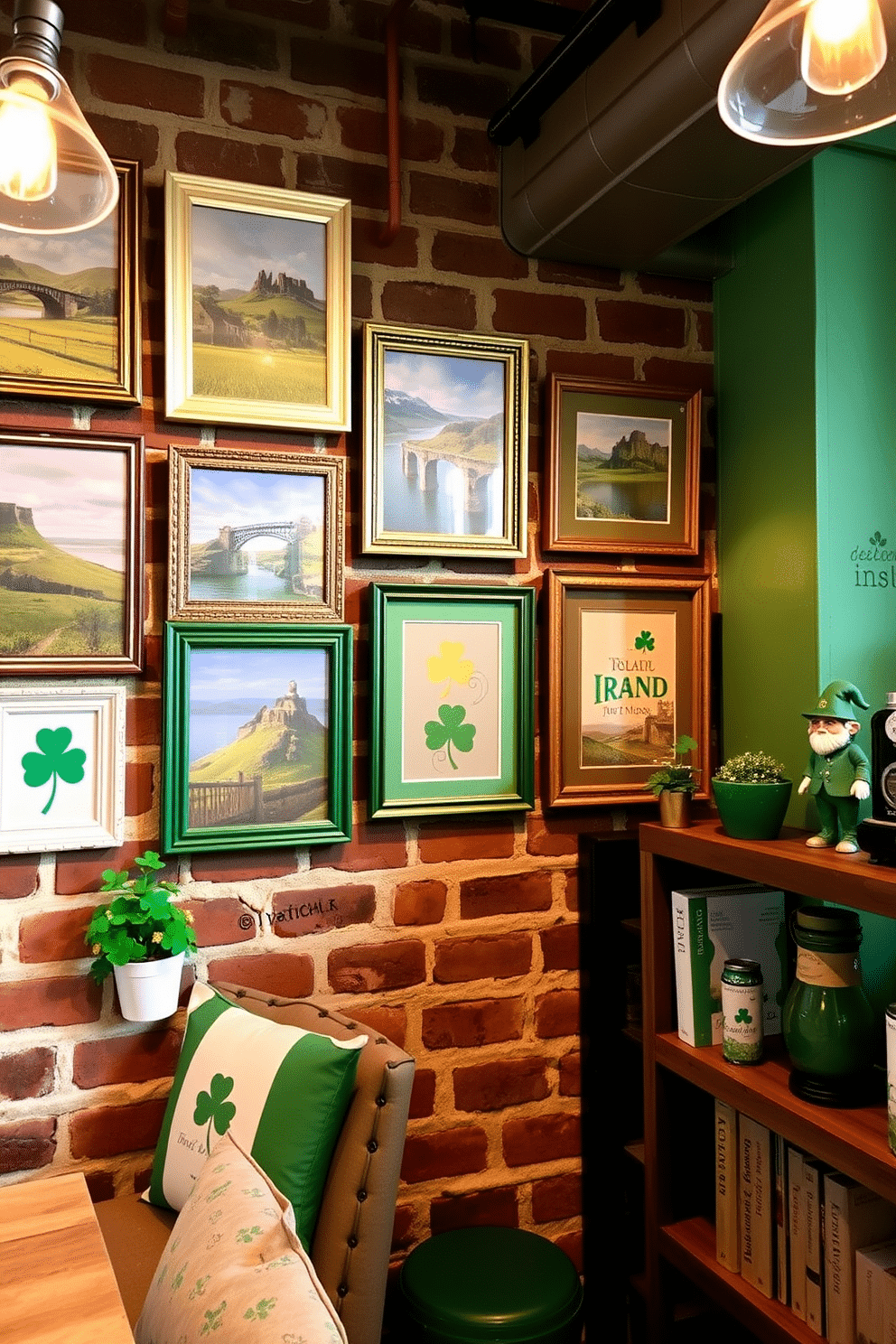 A cozy loft space adorned with Irish-themed photo frames featuring picturesque landscapes and traditional symbols of Ireland. The frames are arranged in a gallery style on a rustic brick wall, complemented by soft green and gold accents throughout the decor. On a nearby shelf, small potted shamrocks and a decorative leprechaun figurine add a festive touch. Warm lighting from industrial-style fixtures enhances the inviting atmosphere, creating a perfect backdrop for St. Patrick's Day celebrations.