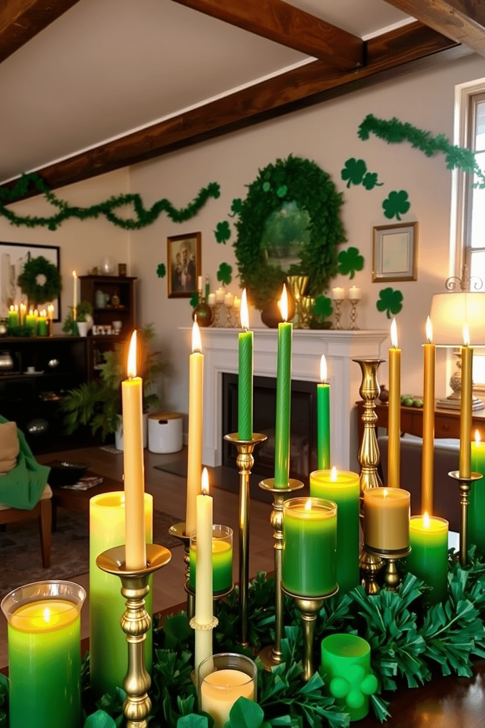 A cozy loft decorated for St. Patrick's Day, featuring an array of green and gold candles placed strategically throughout the space. The candles vary in height and design, creating a warm ambiance, while shamrock-themed decorations complement the festive atmosphere.