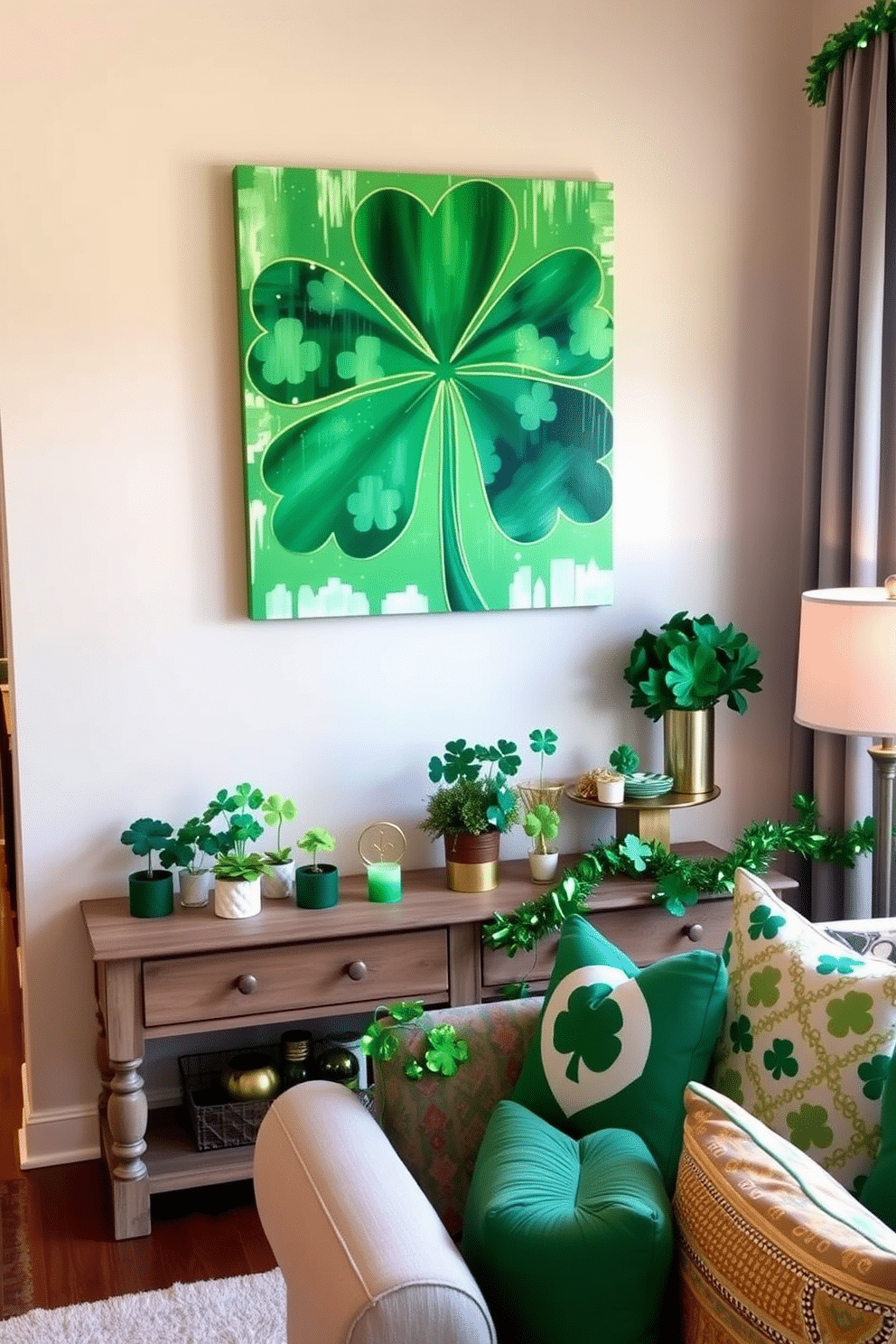 A vibrant shamrock-themed wall art piece dominates the living room, featuring a large canvas painted in various shades of green with intricate gold detailing. Below the artwork, a rustic wooden console table displays a collection of small potted shamrocks and festive decorations, creating a cheerful St. Patrick's Day ambiance. The space is adorned with playful accents, such as green and gold throw pillows on the sofa and a garland of shamrocks draped along the mantel. Soft, warm lighting highlights the decor, inviting guests to celebrate the spirit of the holiday in style.