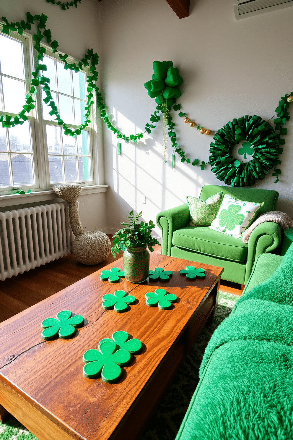 A cozy loft space decorated for St. Patrick's Day features a rustic wooden coffee table adorned with shamrock-shaped coasters in vibrant green. The walls are adorned with garlands of green and gold, and a large window allows natural light to illuminate the festive decorations. In the corner, a plush green armchair invites relaxation, complemented by a soft throw blanket and decorative pillows with Celtic patterns. A small potted plant with shamrock leaves sits atop the table, adding a touch of nature to the holiday ambiance.