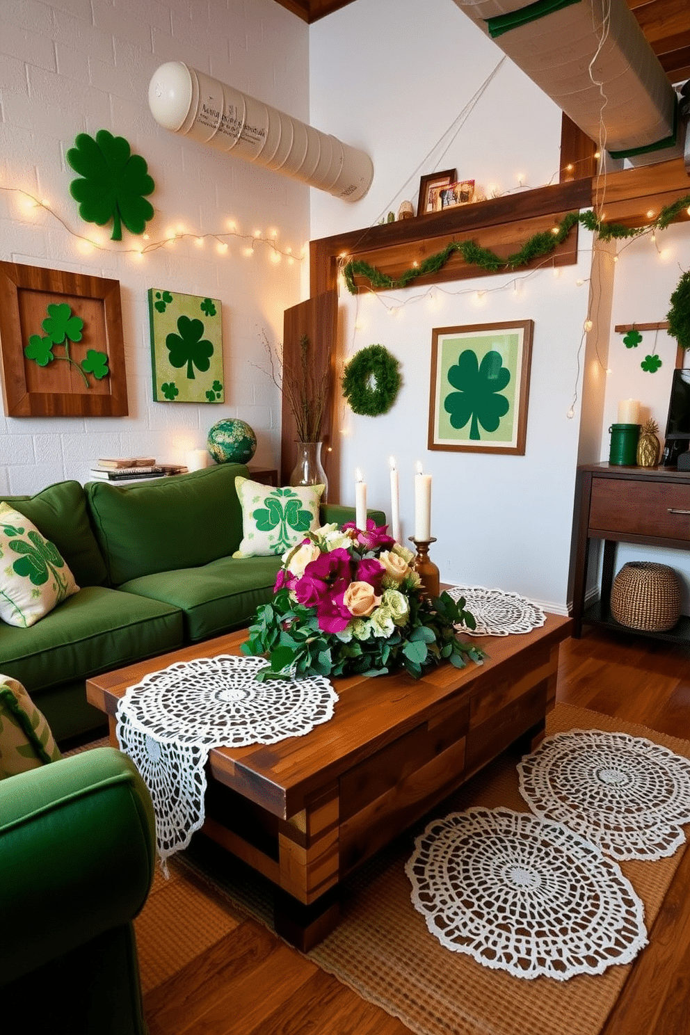 A cozy loft space decorated for St. Patrick's Day, featuring a mix of rustic and modern elements. Irish lace doilies are elegantly draped over a reclaimed wood coffee table, adding a touch of charm to the room. The walls are adorned with green and gold accents, including shamrock-themed artwork and twinkling fairy lights. A plush green sofa invites relaxation, while a festive centerpiece of fresh flowers and candles enhances the holiday spirit.