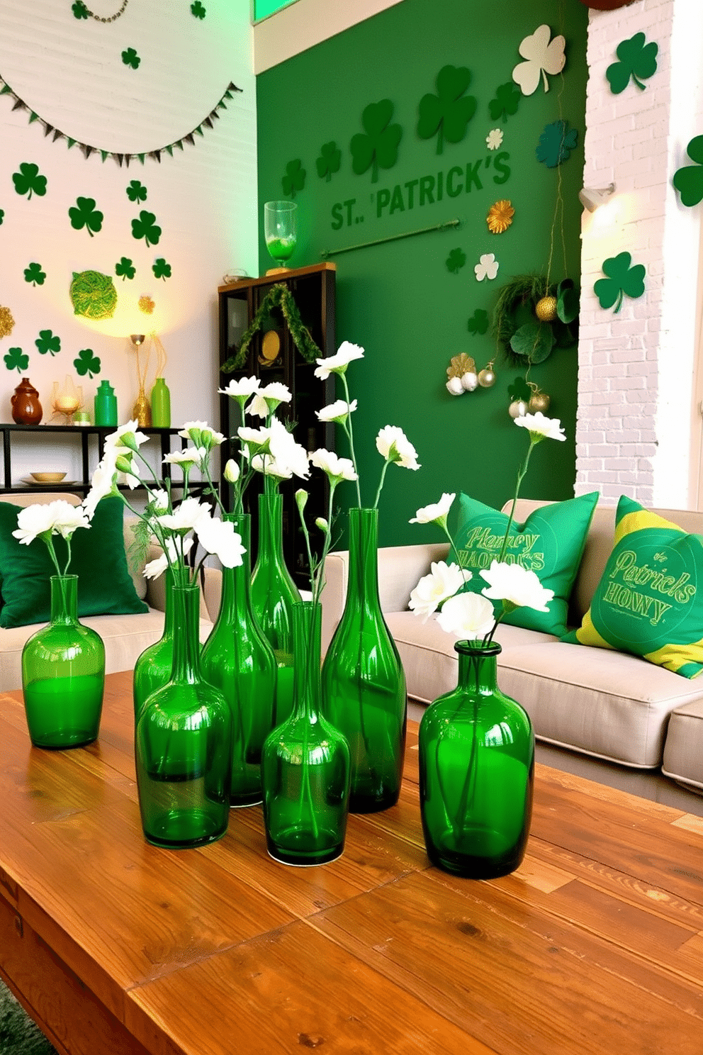 A vibrant loft space decorated for St. Patrick's Day features a collection of green glass vases in various shapes and sizes, artfully arranged on a rustic wooden coffee table. The vases are filled with fresh white flowers, creating a striking contrast against the deep green hues of the decor. The walls are adorned with festive decorations, including shamrocks and gold accents that celebrate the holiday spirit. Soft, ambient lighting casts a warm glow, enhancing the inviting atmosphere of the loft while playful green and gold throw pillows add a touch of whimsy to the seating area.