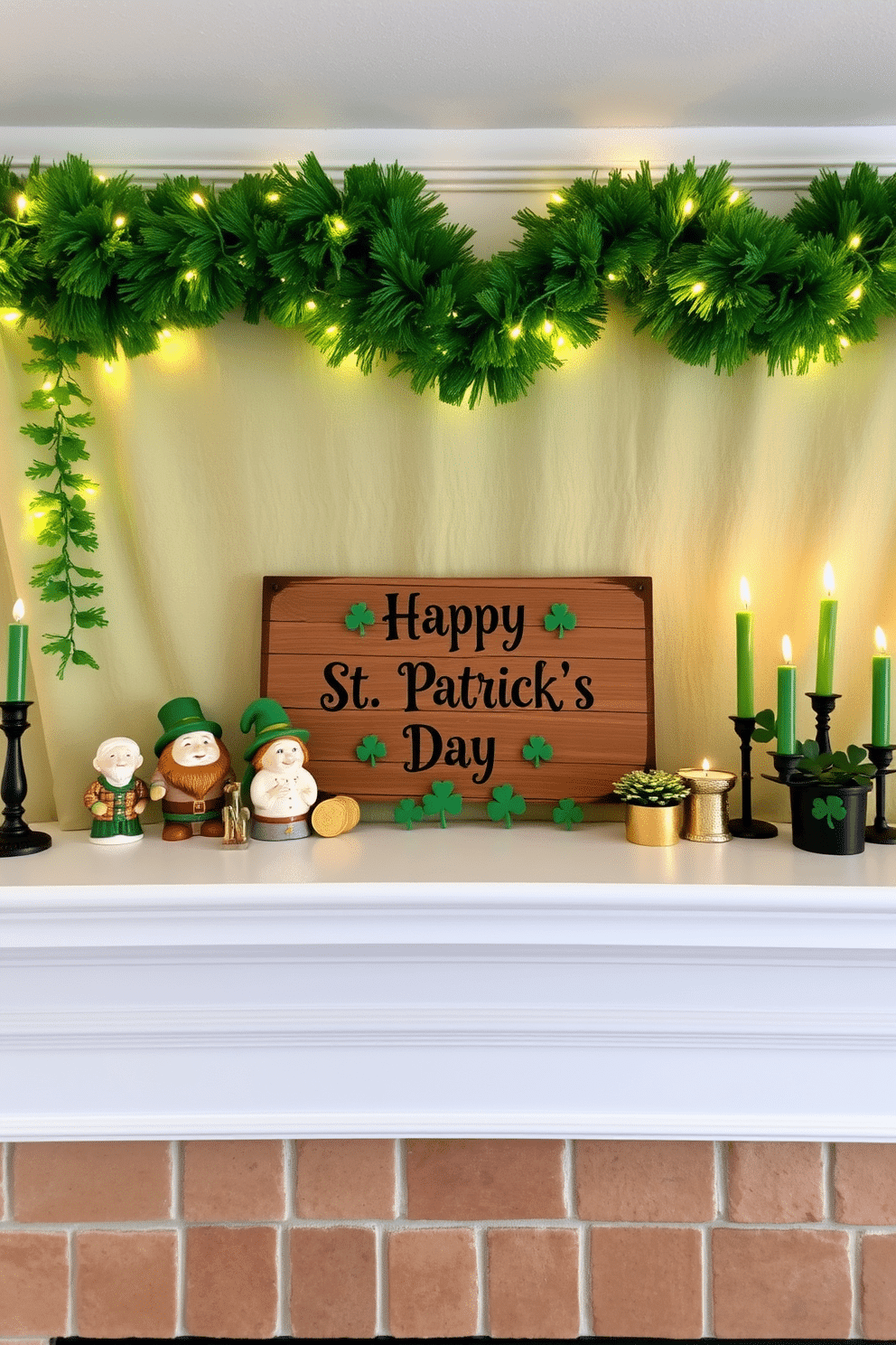 A festive St. Patrick's Day mantel adorned with vibrant green garlands and twinkling fairy lights creates a cheerful atmosphere. At the center, a rustic wooden sign reading 