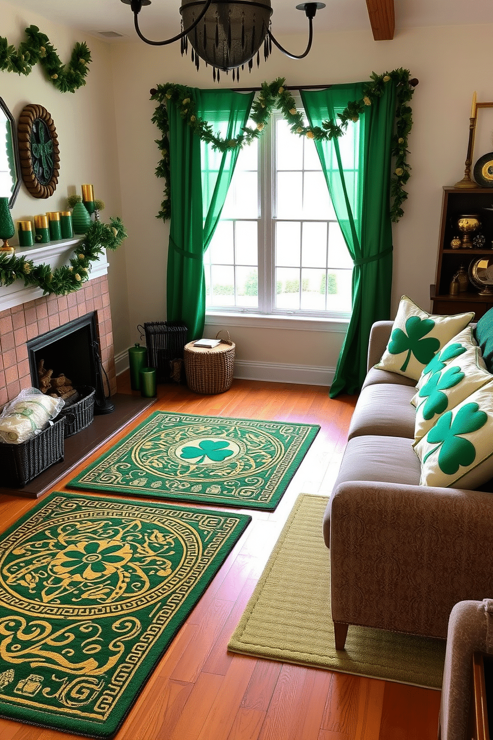 A cozy living room adorned with Irish-themed throw rugs that feature intricate Celtic patterns in shades of green and gold. The rugs are placed over a warm, wooden floor, complementing the rustic charm of the space. Decorative accents include a fireplace mantel decorated with St. Patrick's Day-themed garlands and a collection of green and gold candles. Plush pillows with shamrock designs are scattered across a comfortable sofa, inviting relaxation and festive cheer.