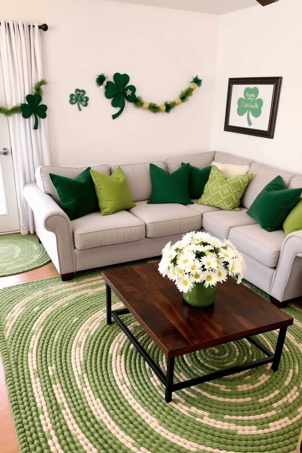 A cozy living room adorned with green and white braided rugs, adding texture and warmth to the space. The rugs complement a stylish sectional sofa upholstered in light gray fabric, with vibrant green throw pillows scattered across it. For St. Patrick's Day, the room is decorated with festive accents, including shamrock-themed wall art and a garland of green and gold. A centerpiece of fresh white daisies in a green vase sits on the coffee table, enhancing the cheerful atmosphere.