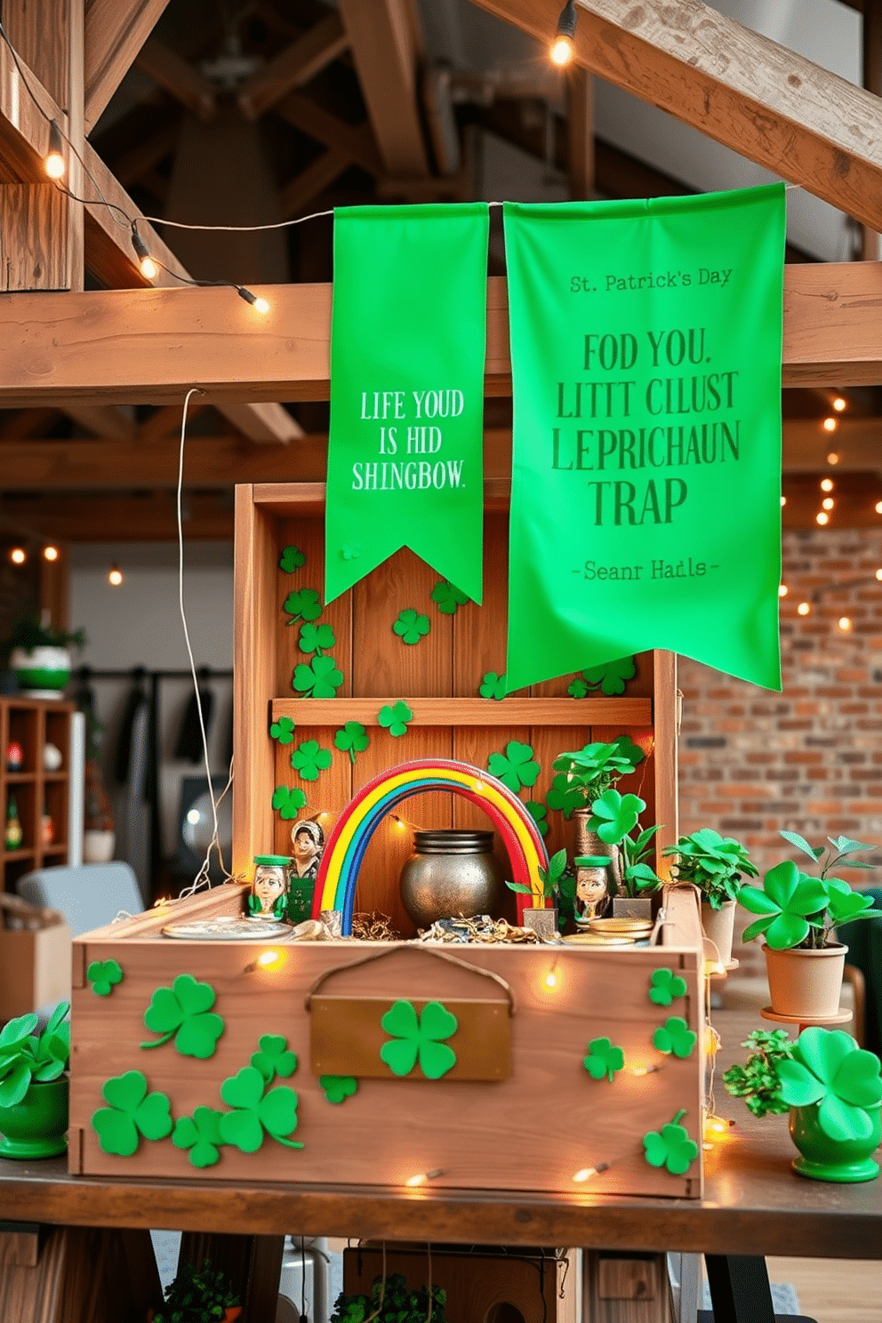 A whimsical leprechaun trap decor features a handcrafted wooden box adorned with vibrant green shamrocks and gold accents. Inside, a miniature rainbow arch leads to a pot of gold, surrounded by playful Irish-themed trinkets and fairy lights. For a loft-style St. Patrick's Day decorating idea, large green banners with festive messages hang from exposed beams, complemented by potted shamrock plants placed on rustic shelves. The space is illuminated by warm string lights, creating an inviting atmosphere perfect for celebrating the holiday.