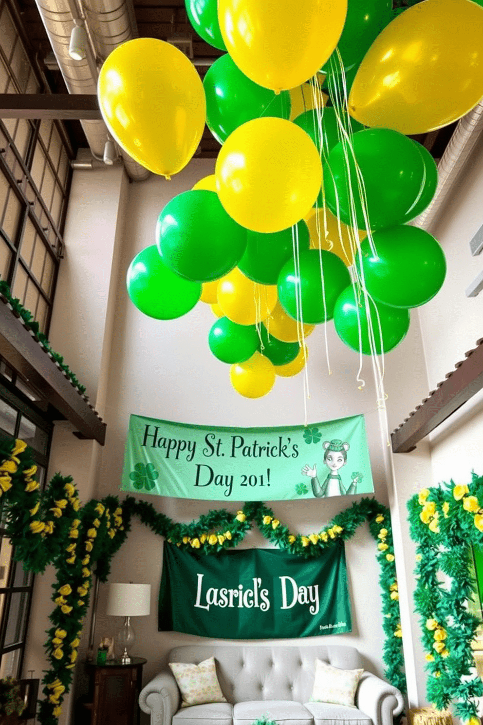 A vibrant loft space decorated for St. Patrick's Day, featuring clusters of green and gold balloons floating near the ceiling. The walls are adorned with festive garlands, and a large banner reading 