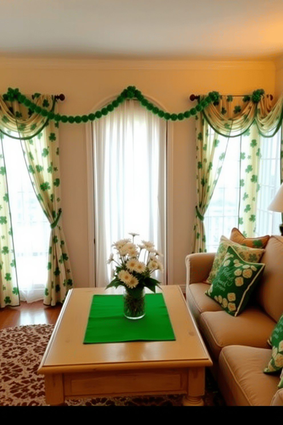 A cozy living room adorned with shamrock-patterned curtains that flutter gently in the breeze. The walls are painted a soft cream, providing a warm backdrop for festive St. Patrick's Day decorations, including a garland of green shamrocks draped across the mantel. A charming coffee table sits in the center, decorated with a vibrant green table runner and a centerpiece of fresh white daisies in a rustic vase. On the side, a collection of St. Patrick's Day-themed pillows adds a playful touch to the plush sofa, inviting guests to relax and enjoy the festive atmosphere.