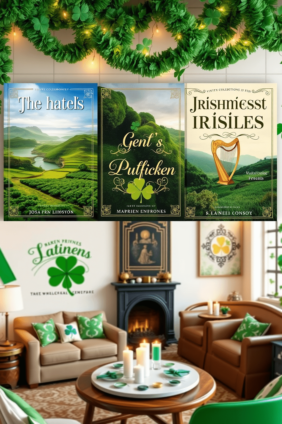 A collection of Irish-themed book covers featuring lush green landscapes, Celtic knots, and traditional symbols such as shamrocks and harps. Each cover showcases a unique font that reflects the essence of Irish folklore, with gold and emerald accents to enhance the festive spirit. Creative loft decorating ideas for St. Patrick's Day, incorporating elements like green garlands, twinkling fairy lights, and whimsical wall art. The space is adorned with vintage Irish flags, cozy seating areas, and festive table settings that invite celebration and warmth.