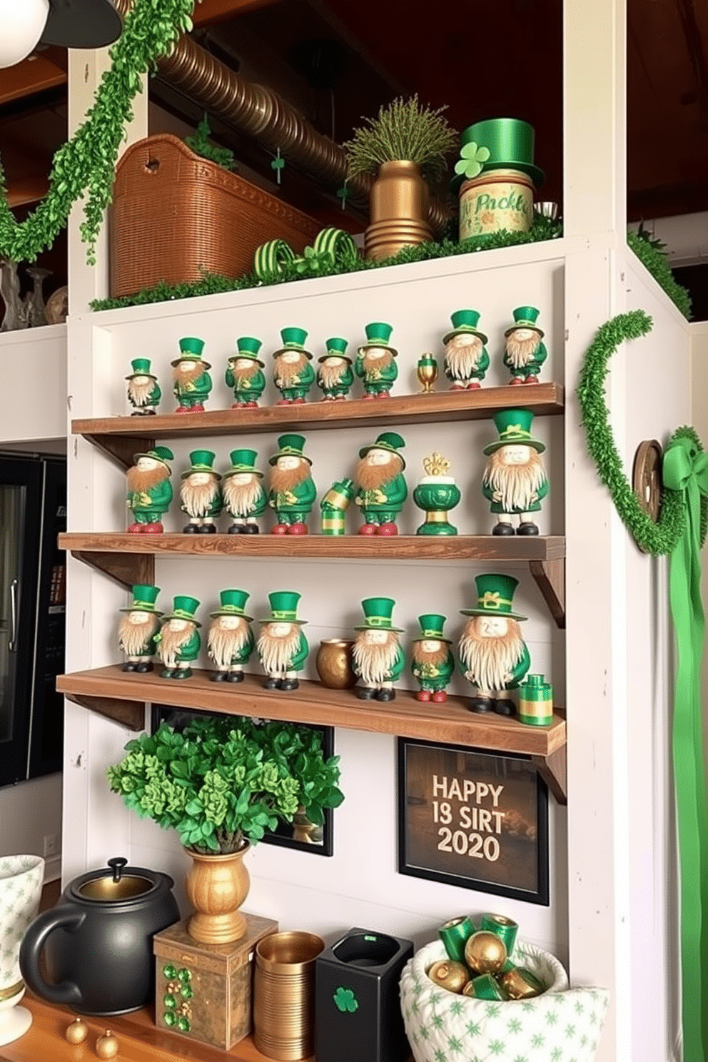 A charming loft space adorned with whimsical leprechaun figurines displayed on rustic wooden shelves. The decor features a mix of vibrant green and gold accents, creating a festive atmosphere for St. Patrick's Day celebrations.