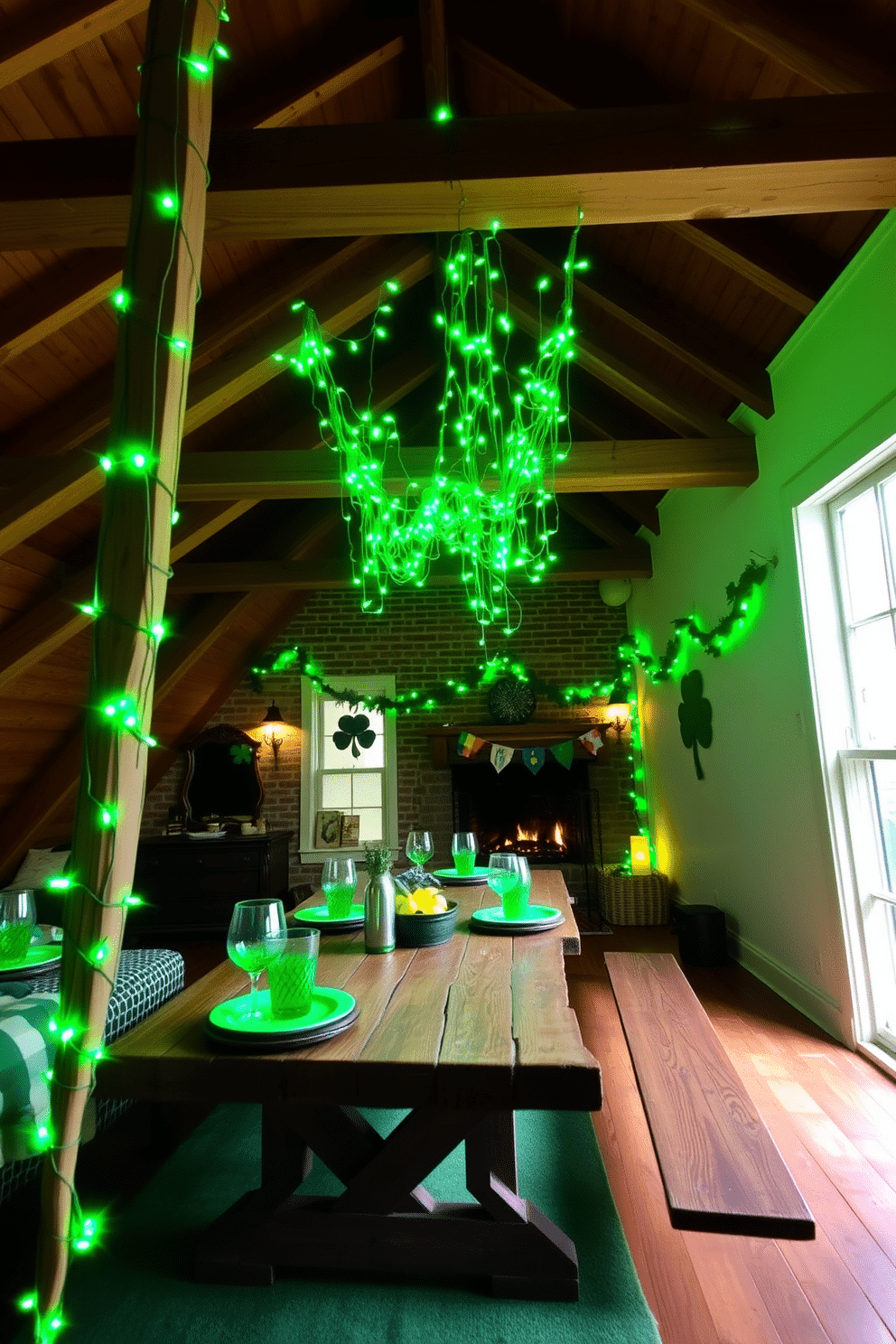 A cozy loft space adorned for St. Patrick's Day, featuring vibrant green fairy lights draped across exposed wooden beams. The walls are decorated with shamrock garlands, and a rustic wooden table is set with festive green tableware, creating a warm and inviting atmosphere.