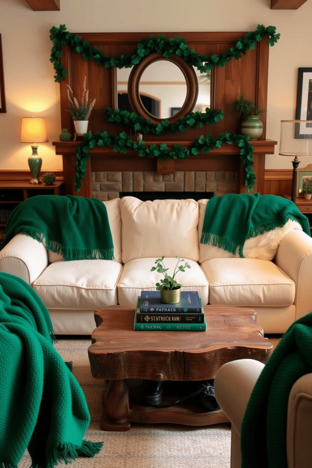 A cozy living room adorned with emerald green throw blankets draped over a plush, cream-colored sofa. The space features warm wood accents, with a rustic coffee table at the center, adorned with a small potted plant and a stack of books. For St. Patrick's Day, the room is decorated with subtle touches of festive charm, including a garland of shamrocks hanging above the mantel. Soft, ambient lighting enhances the inviting atmosphere, creating a perfect setting for celebrating the holiday.