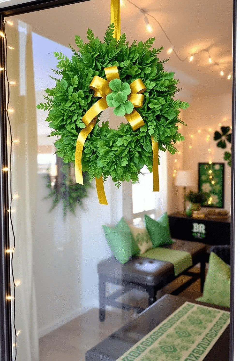 A festive St. Patrick's Day wreath adorns the front door, crafted from vibrant green foliage and accented with golden ribbons and small shamrocks. This cheerful decoration welcomes guests with a touch of Irish charm, setting the tone for a lively celebration. Inside the loft, the decor reflects the spirit of St. Patrick's Day with playful accents like green throw pillows and table runners featuring Celtic patterns. Twinkling fairy lights drape across the walls, creating a warm and inviting atmosphere for gatherings with family and friends.