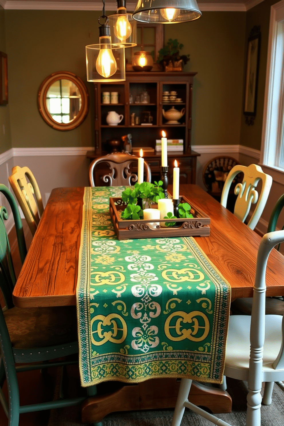 A charming dining table adorned with an Irish-themed table runner featuring intricate Celtic knot patterns in shades of green and gold. Surrounding the table are mismatched vintage chairs, each with a unique design, enhancing the cozy, eclectic atmosphere for a St. Patrick's Day celebration. The centerpiece consists of a rustic wooden tray filled with fresh shamrocks and a few candles, casting a warm glow. Soft, ambient lighting from hanging pendant lights above adds to the festive yet inviting vibe, making it perfect for gathering with friends and family.