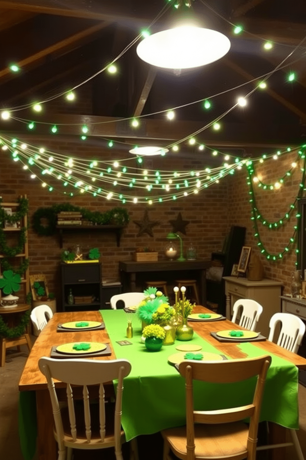 A cozy loft space adorned with green and white string lights creates a festive atmosphere for St. Patrick's Day. The lights are draped across the ceiling beams, casting a warm glow over the room filled with cheerful decorations like shamrocks and gold accents. A rustic wooden table is set for a gathering, featuring a vibrant green tablecloth and themed centerpieces. Surrounding the table, mismatched chairs invite guests to sit and enjoy a festive meal, while playful garlands hang from the walls, enhancing the celebratory vibe.