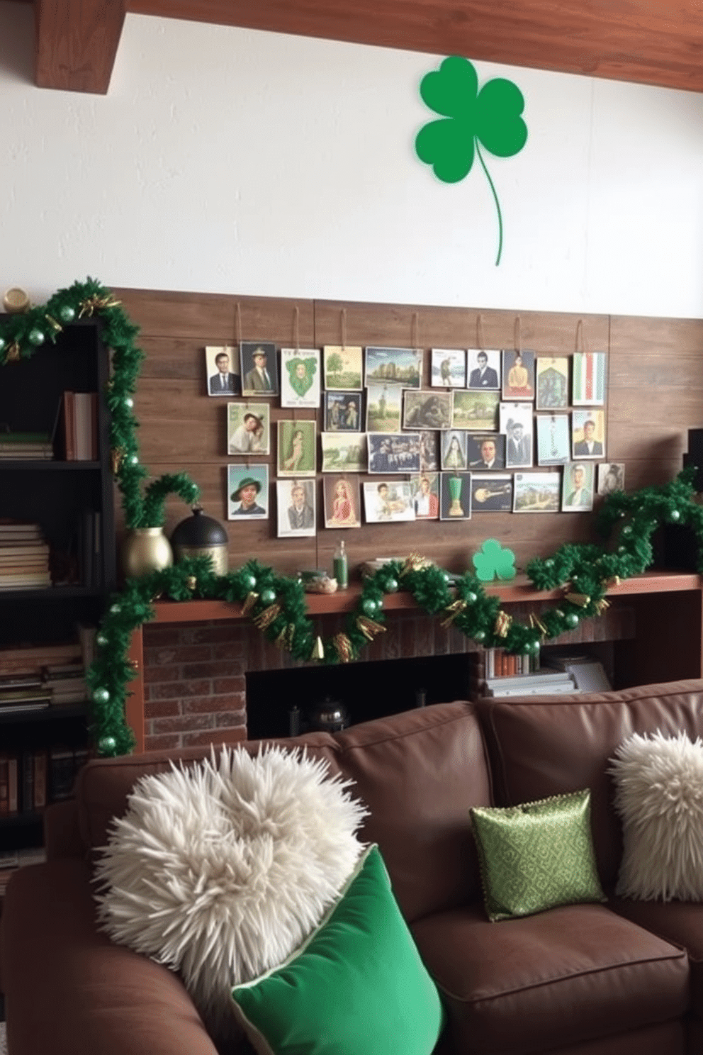 A cozy loft decorated for St. Patrick's Day, featuring vintage Irish postcards artfully arranged on a rustic wooden wall. The space is enhanced with green and gold accents, including plush throw pillows and festive garlands draped across the open shelving.