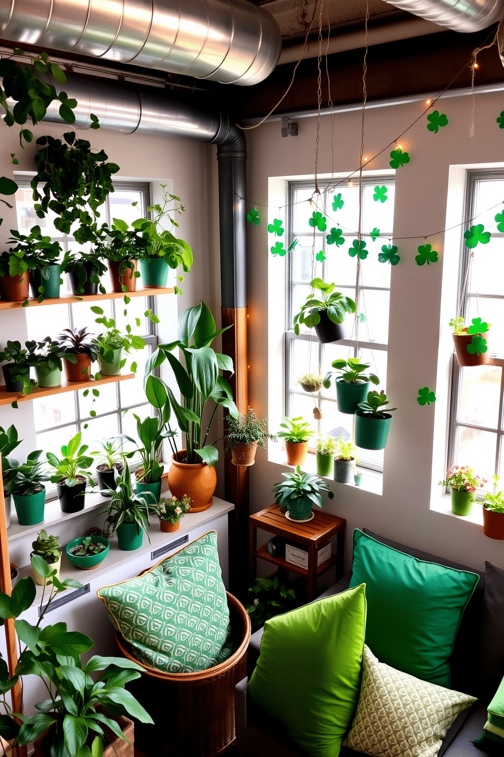 A vibrant loft space adorned with various green potted plants of different sizes and shapes, creating a refreshing and lively atmosphere. The plants are strategically placed on shelves, window sills, and hanging planters, complementing the industrial-style decor of the loft. For St. Patrick's Day, the loft is decorated with whimsical touches, including green and gold accents throughout the space. Festive garlands made of shamrocks and twinkling fairy lights drape across the walls, while a cozy seating area features cushions in shades of green and gold for a cheerful celebration.