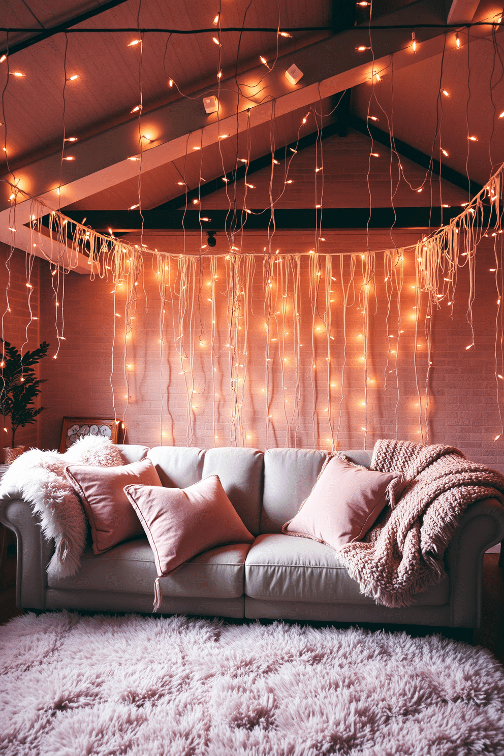 A romantic loft space adorned with draping fairy lights cascading from the ceiling, creating a warm and enchanting atmosphere. Soft, pastel-colored cushions and throws are arranged on a plush sofa, inviting cozy gatherings for Valentine's Day celebrations.