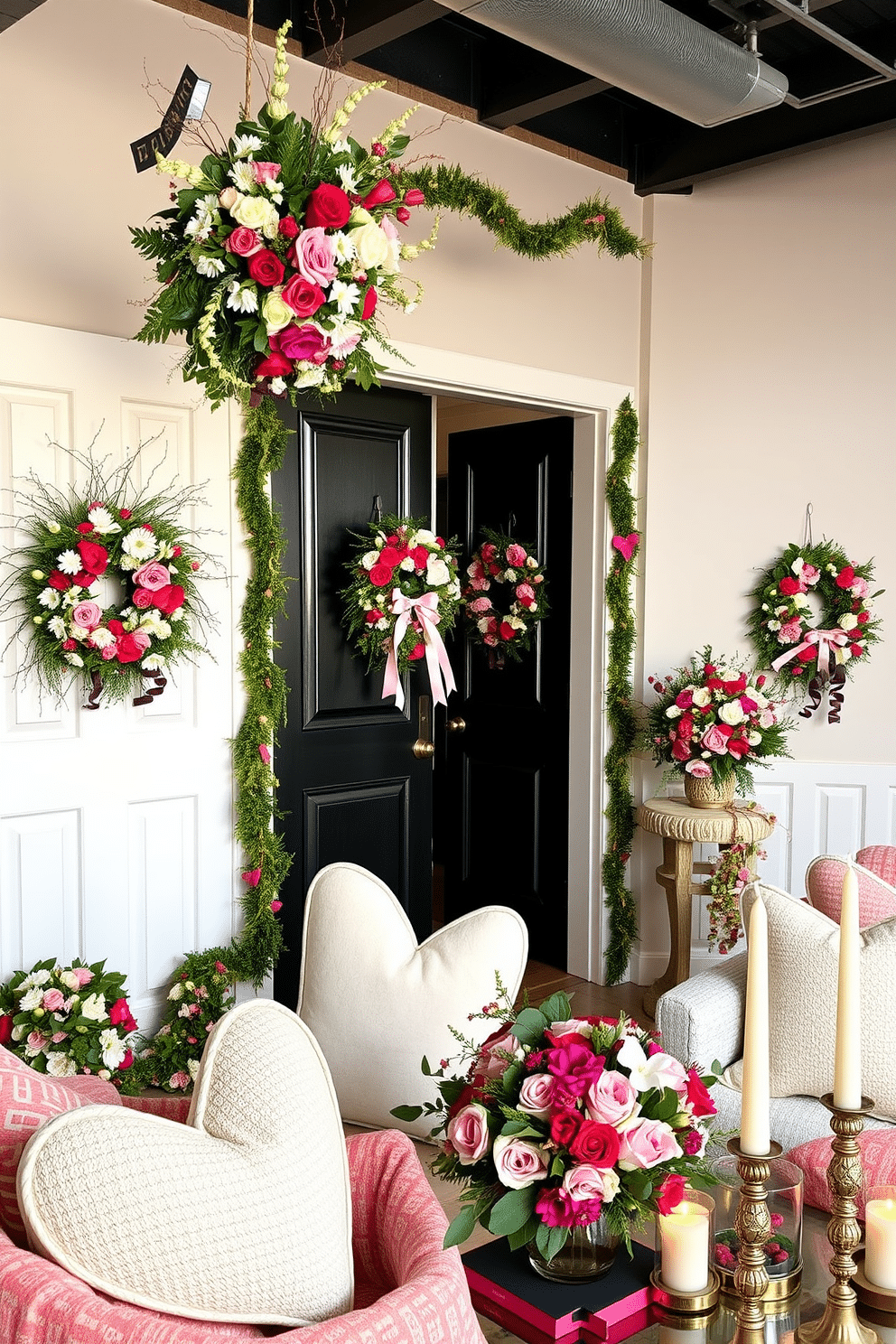 Floral wreaths adorn the front doors, each uniquely crafted with a mix of vibrant blooms and lush greenery. The wreaths feature seasonal flowers, such as roses and daisies, interspersed with delicate twigs and ribbons for added charm. In a loft setting, Valentine's Day decorations create a romantic atmosphere with soft lighting and cozy textiles. Heart-shaped pillows and garlands drape across furniture, while a table is set with elegant candles and a bouquet of fresh flowers to enhance the festive spirit.