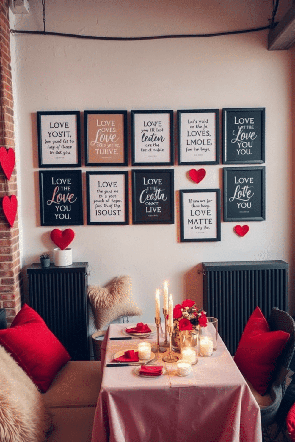 A cozy loft space adorned with love quotes framed in elegant black frames, arranged in a gallery wall style. The warm, industrial aesthetic is complemented by soft lighting and plush textiles that evoke a romantic atmosphere. Valentine's Day decorations feature heart-shaped accents and vibrant red and pink hues throughout the loft. A charming dining table is set for two, with candles and fresh flowers creating an intimate setting for a romantic dinner.