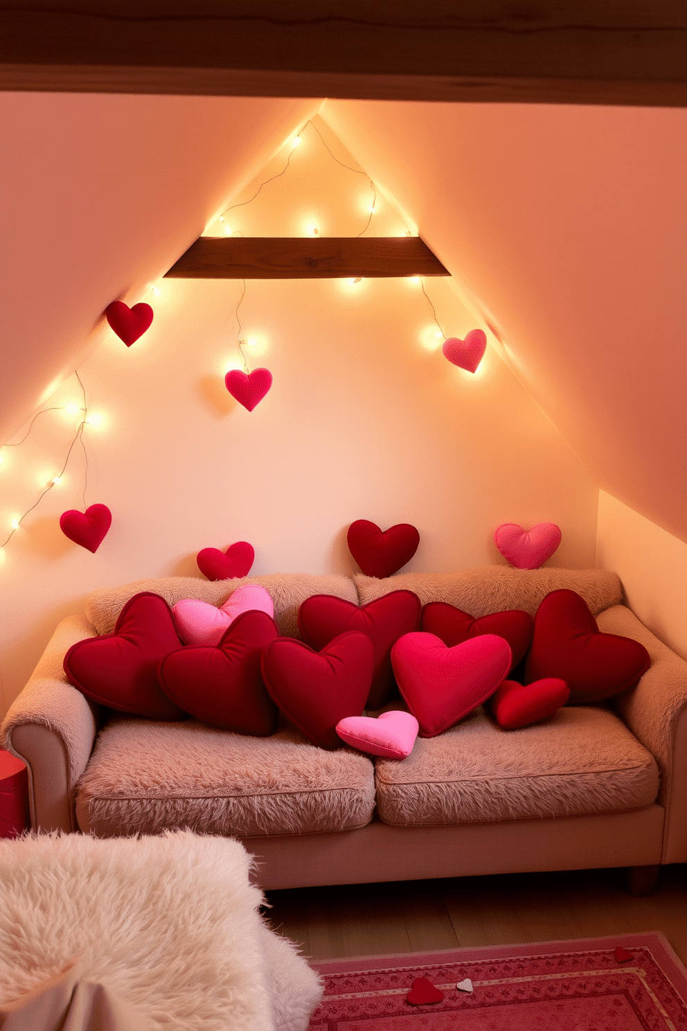 A cozy loft space adorned for Valentine's Day features a plush sofa with an array of heart-shaped cushions in various shades of red and pink. Soft fairy lights drape across the walls, creating a warm and inviting atmosphere perfect for a romantic evening.