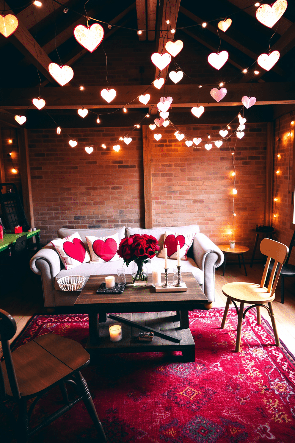 A cozy loft space adorned with string lights featuring heart clips, creating a warm and inviting atmosphere perfect for Valentine's Day. The lights are draped across exposed wooden beams, illuminating the room with a soft, romantic glow, while a plush sofa with heart-patterned cushions invites relaxation. A rustic wooden coffee table sits in the center, decorated with candles and a bouquet of red roses in a glass vase. Surrounding the table, mismatched chairs add a touch of charm, and a colorful rug anchors the space, enhancing the festive decor.