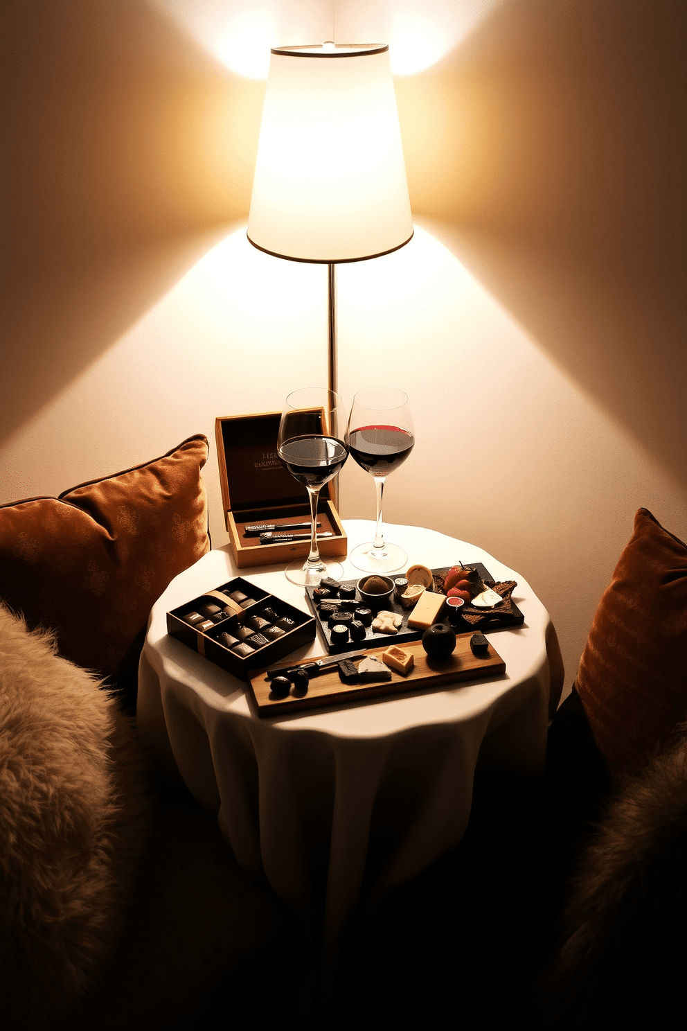 A cozy wine and chocolate corner designed for a romantic atmosphere. A small round table is set against a backdrop of soft, ambient lighting, adorned with an elegant tablecloth and a selection of fine chocolates in decorative boxes. On the table, two crystal wine glasses are filled with rich red wine, accompanied by a small charcuterie board featuring gourmet cheeses and fruits. Surrounding the corner are plush cushions and a faux fur throw, inviting couples to relax and indulge in a sweet escape.