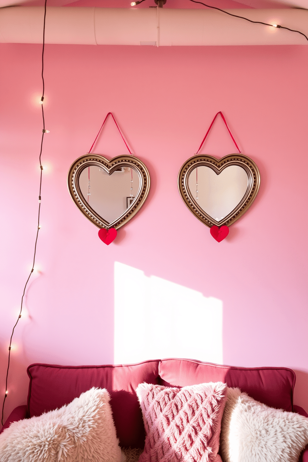 A romantic loft space adorned for Valentine's Day features two heart-shaped mirrors elegantly mounted on a soft pink wall. Below the mirrors, a cozy seating area with plush cushions invites relaxation, while string lights create a warm, enchanting glow throughout the room.