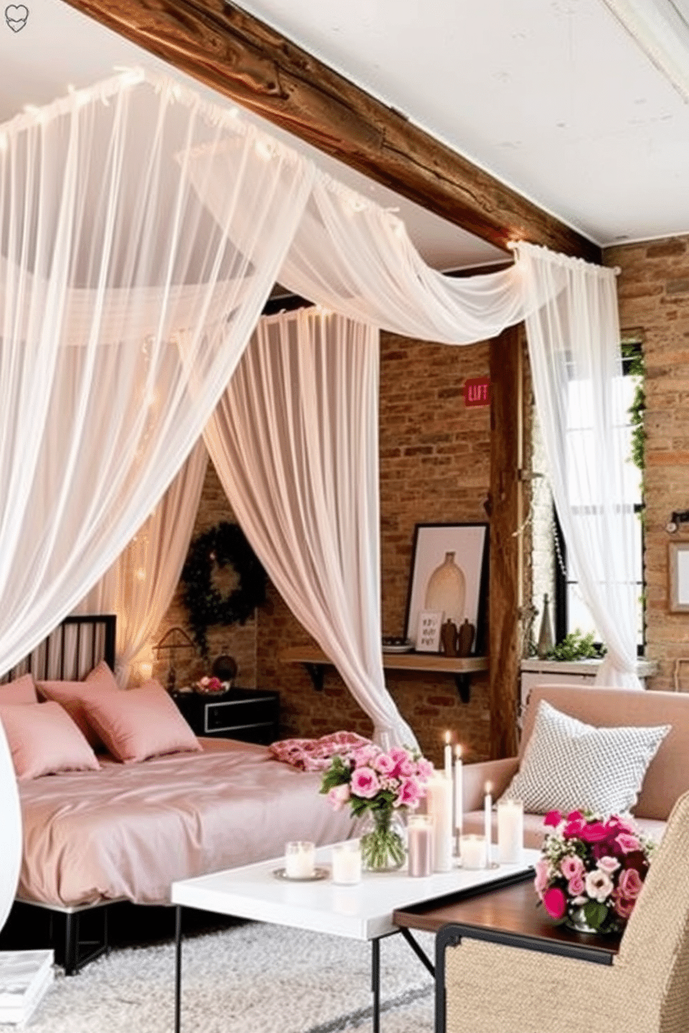 A romantic canopy bed draped with sheer, flowing fabric creates an intimate atmosphere in the bedroom. The bed is adorned with plush pillows in soft pastels, and delicate fairy lights twinkle softly above, enhancing the enchanting vibe. For a loft setting, Valentine's Day decorations include a mix of rustic and modern elements. Heart-shaped garlands hang from exposed beams, while a cozy seating area features a chic coffee table adorned with candles and fresh flowers, inviting warmth and romance.